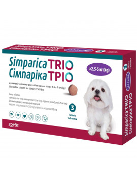 Simparica TRIO таблетки від бліх, кліщів та глистів для собак вагою від 2,5 до 5 кг