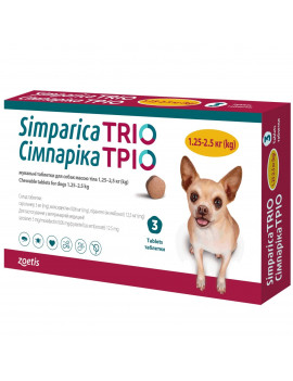 Simparica TRIO таблетки від бліх, кліщів та глистів для собак вагою від 1,3 до 2,5 кг