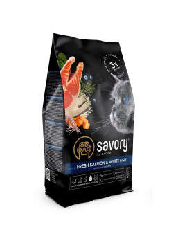 Сухий корм Savory для довгошерстих котів, зі свіжим лососем і білою рибою