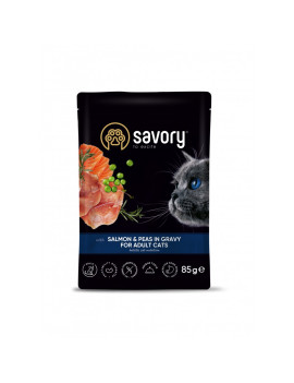 Вологий корм Savory для дорослих котів, лосось з горошком у соусі, пауч