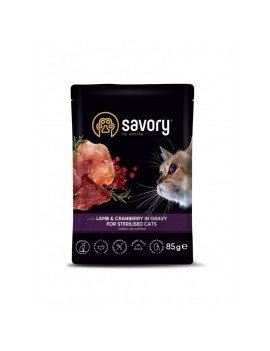 Вологий корм Savory для стерилізованих котів, ягня з журавлиною у соусі, пауч