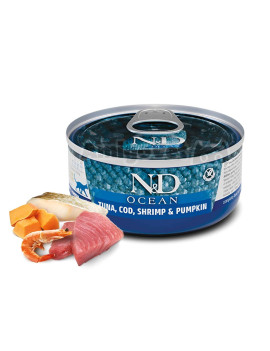 Farmina N&D Ocean Grain Free Cat Adult Tuna, Cod, Shrimp & Pumpkin Cans вологий корм для котів з тунцем, тріскою, креветками та гарбузом