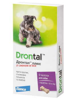 Elanco (Bayer) Drontal Plus зі смаком м’яса Таблетки у формі кісточки для лікування та профілактики гельмінтозів у собак, 6 таб