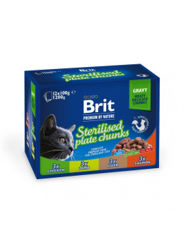 Вологий корм Brit Premium Cat Набір паучів сімейна тарілка для стерилізованих котів, асорті 4 смаки, 100 г х 12 шт