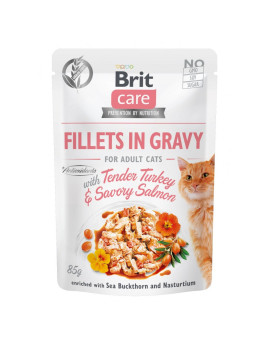 Вологий корм Brit Care Cat Pouch для котів, філе в соусі, ніжна індичка і пікантний лосось, 85 г