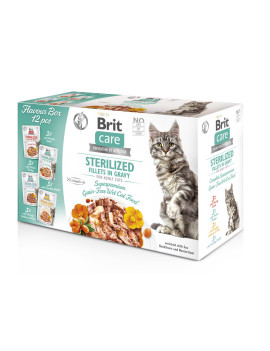 Корм вологий для стерилізованих котів Brit Care Flavour box Sterilized філе в соусі, набір паучів 12 х 85 г